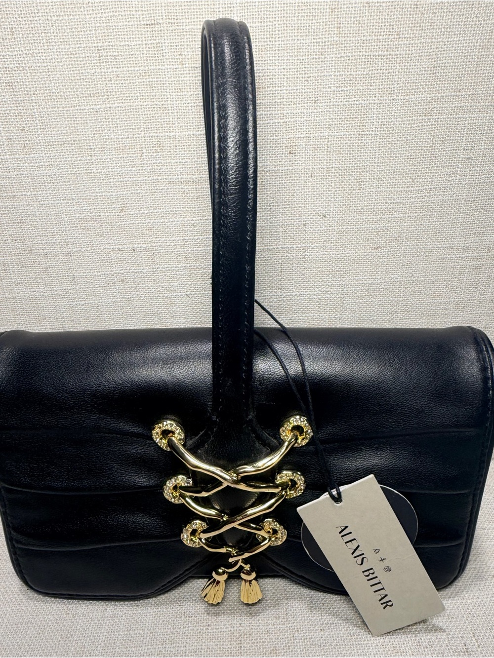 NWT Alexis Bittar Black Leather Corset Lace-Up Wristlet Clutch 14K Gold Pave
